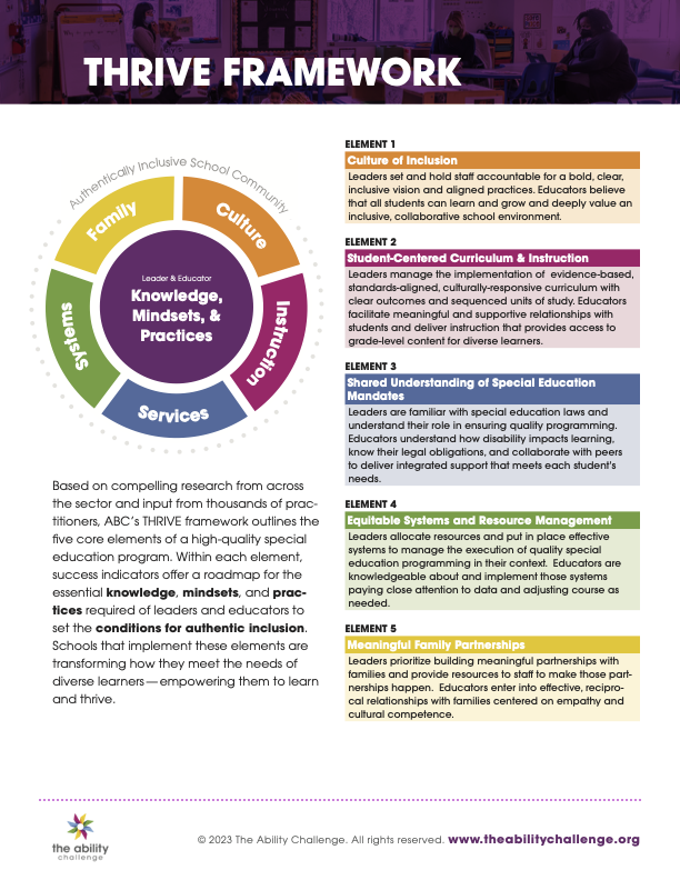 Describes the core elements for special education improvement, inclusive classrooms and least restrictive environment